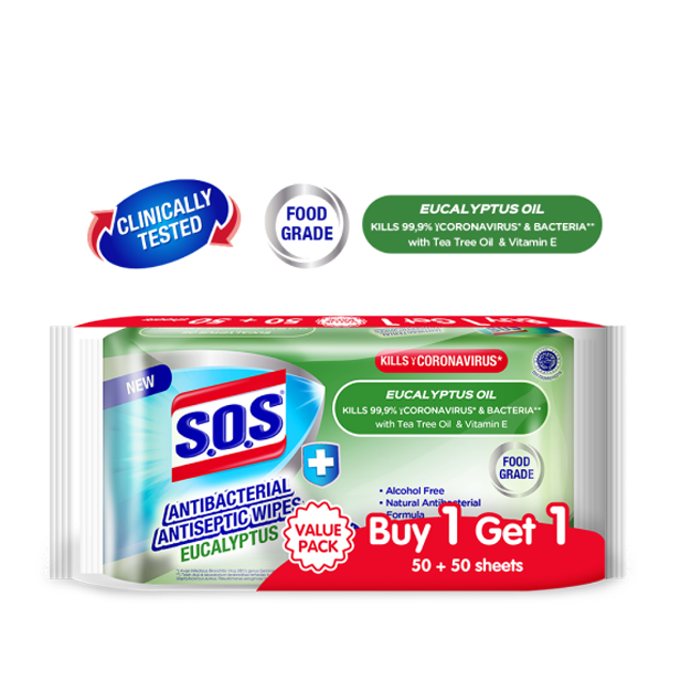 SOS Antibacterial Antiseptic Wipes Eucalyptus
