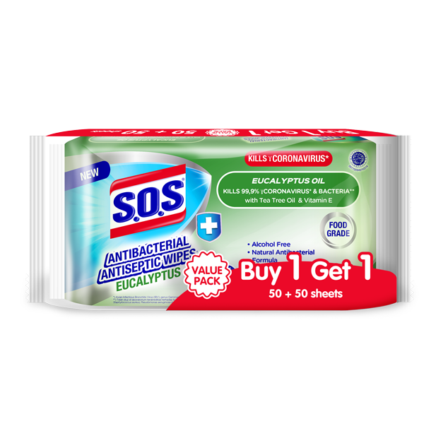 SOS Antibacterial Antiseptic Wipes Eucalyptus